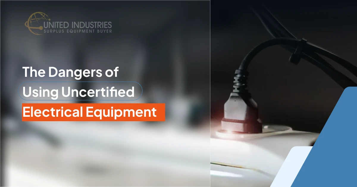 Close-up of a dark, uncertified electrical plug poorly connected to an outlet with a glowing red spark, illustrating safety dangers.