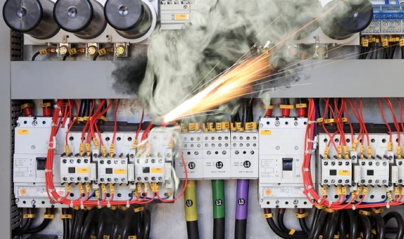 Arc flash and smoke from a short circuit in an industrial electrical control panel with multiple circuit breakers.