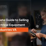 United Industries VA logo and text overlay on a blurred photo of a woman reviewing electrical equipment details.